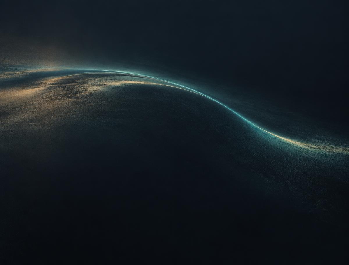 Abstract waves of teal and gold light flowing across a dark background